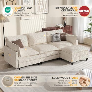 Диван APICIZON з функцією сну, диван &quotХмара&quot, L-подібний диван, кутовий диван - 275x132x80 см, XXL дивани, вельветовий розкладний диван для вітальні, бічна кишеня для журналів, бежевий 275 см - L бежевий