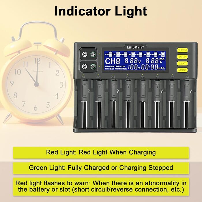Зарядний пристрій LiitoKala Lii-S8, швидкий зарядний пристрій з РК-дисплеєм та сенсорним керуванням, 18650, 8 слотів, зарядний пристрій 9V для Li-ion, LiFePO4, Ni-MH, Ni-Cd, AA, AAA, C, 21700, 26650, 13650, 16340, 18700, RCR123