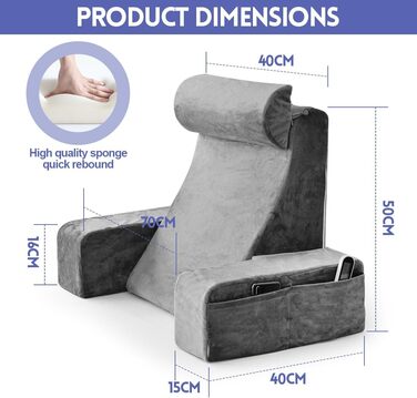 Подушка для читання для ліжка та дивана, подушка для спини для читання та перегляду телевізора зі знімним потиличним валиком та підлокітником, комфортна подушка для читання для дорослих, подушка для читання для ліжка, дивана або спинки підлоги