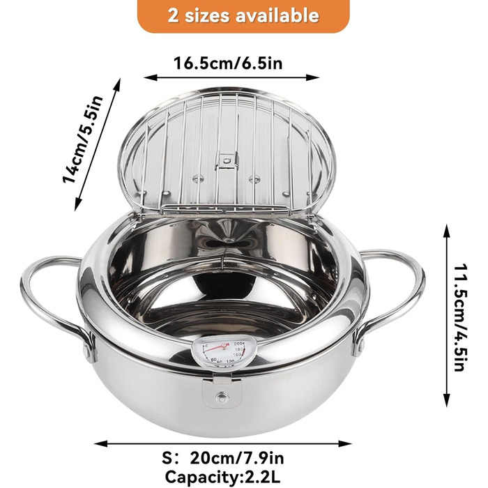 Глибокий горщик, японський горщик для смаження, японський горщик для фритюрниці темпура з термометром, маленький горщик з нержавіючої сталі з термометром, кришкою та сушаркою для картоплі фрі, креветки