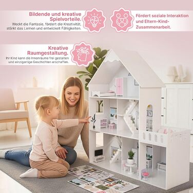 Дерев&39яний ляльковий будиночок Барбі, великий 118 см Kinderplay 3-поверховий ляльковий будиночок для дітей з меблями, світлодіодними лампами, наклейками та аксесуарами сучасний дерев&39яний ігровий будиночок, подарунок для дітей віком від 3 років, білий