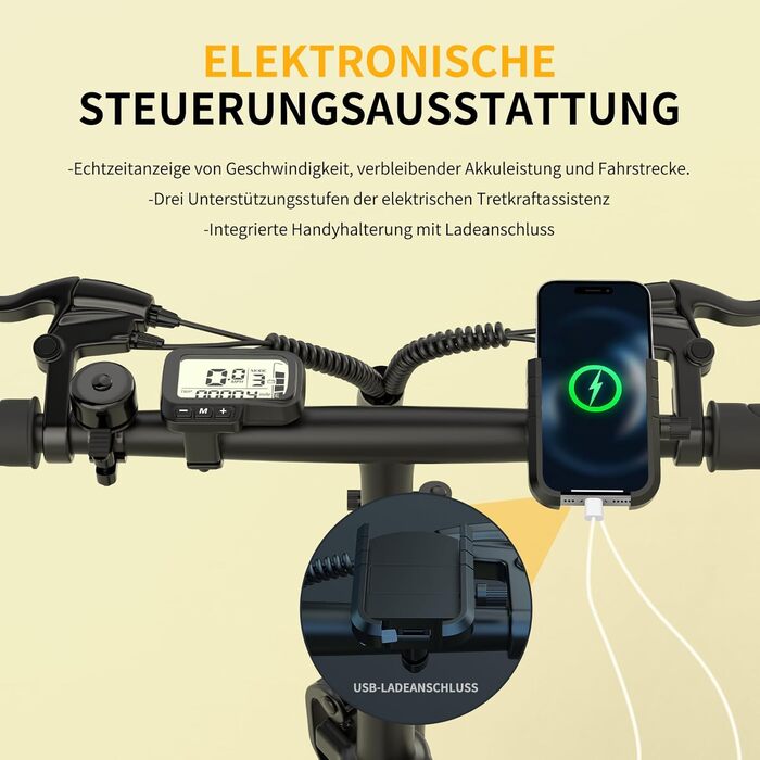 Складаний електровелосипед ESKUTE D100 16 x 2,5 дюйма, електричний велосипед для чоловіків та жінок, фетбайк зі знімним акумулятором 36 В 13 Аг, великий запас ходу до 100 км, складний педальний велосипед для дорослих, світло-жовтий, стандартний