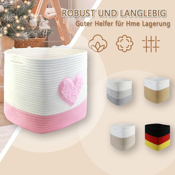 Кошик для зберігання, 28 x 28 x 28 см, квадратні плетені кошики з бавовняної мотузки, маленькі плетені кошики для сортування, для дитячих кімнат, офісів, декоративні. (Набір з 2 шт., Рожеве серце) Набір з 2 Рожевих сердець