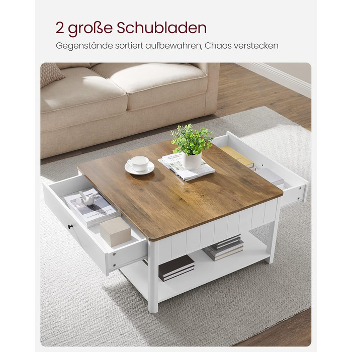 Журнальний столик VASAGLE, стіл для вітальні, диван-столик, 2 великі шухляди, з ніжками, багато місця для зберігання, морський стиль, 80 x 80 x 45 см, для вітальні, горіхово-коричневий-білий LCT207T14