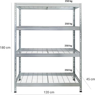 Посилений стелаж Rivet, комплект з 3 шт. , зі сталевими сітчастими полицями, 180 x 120 x 45 см (В x Ш x Г), вантажопідйомність 250 кг на полицю, оцинкований. Безболтовий стелаж, металевий стелаж, стелаж для підвалу, стелаж для зберігання, стелаж для майст