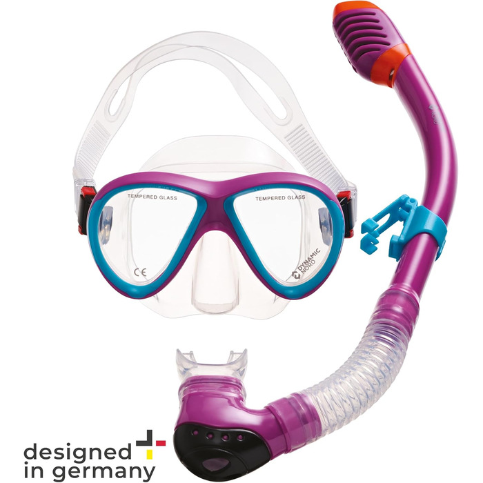 Набір для підводного плавання La Gomera Pro Jr. для дітей Розроблено в Німеччині Професійний силіконовий 2-елементний дитячий дайвінг-набір (маска для підводного плавання, трубка та сітчаста сумка) з сухою трубкою та захисною лінзою рожевого/блакитного ко