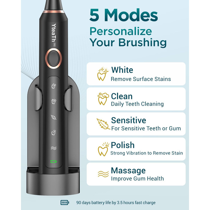 Електрична звукова зубна щітка для дорослих з 8 насадками, дорожнім кейсом, 5 режимами, водонепроникністю IPX7 та 90 днями роботи від акумулятора, чорного кольору, (в упаковці)