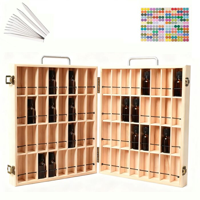 Рівневий органайзер для ефірних олій з масиву дерева з 72 відділеннями та ремінцем - коробка для зберігання з шухлядою, підставка для флаконів об&39ємом 5-15 мл, ароматичних олій, лаку для нігтів, косметики, губної помади, дерев&39яний, 72 відділення, 2-