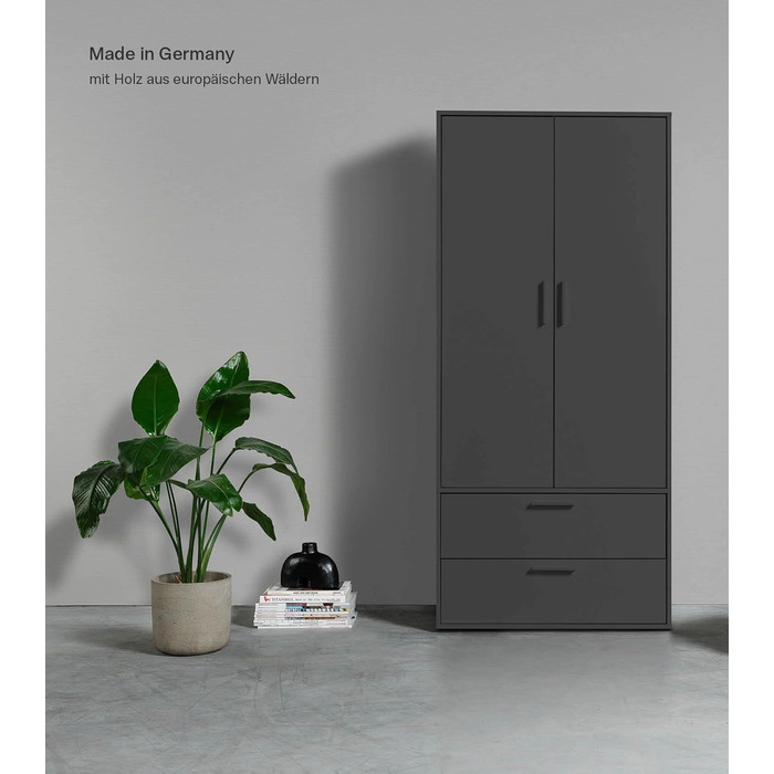 Шафа mokebo Герой одягу (80x180x51 см) з 2 шухлядами та 4 відділеннями, шафа, шафа для передпокою або комора для спальні чи гардеробної з дерева чорного антрацитового кольору, ширина 80 см З вішаком для одягу та відділеннями