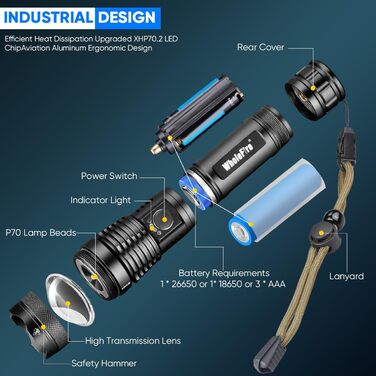Світлодіодний ліхтарик WholeFire, акумуляторний USB, 2 шт., надзвичайно яскравий 90000 люмен XHP70.2, з можливістю масштабування, водонепроникний, потужний, 5 режимів, аварійне освітлення для використання на вулиці