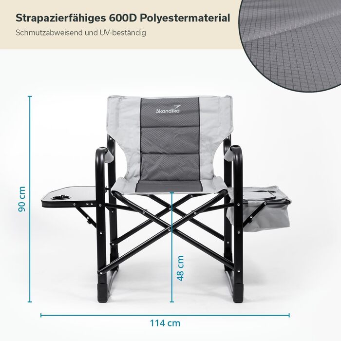 Кемпінгове крісло Skandika Tepsa Зручне розкладне крісло зі столиком та відділенням-холодильником, до 150 кг, складне, з підсклянником Розкладне крісло для кемпінгу, наметів, фестивалів, риболовлі, пляжу, сіре