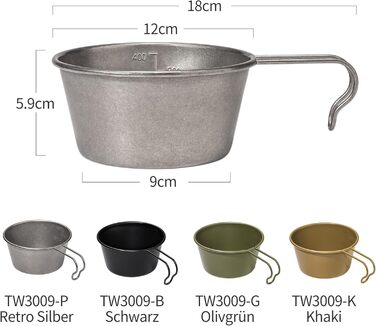 Миска Thous Winds Outdoor Sierra з нержавіючої сталі, 2 чашки Sierra 450 мл, чашка Sierra з підвісною ручкою, портативна, штабельована, легка миска для використання на свіжому повітрі, кемпінгу, походів - хакі