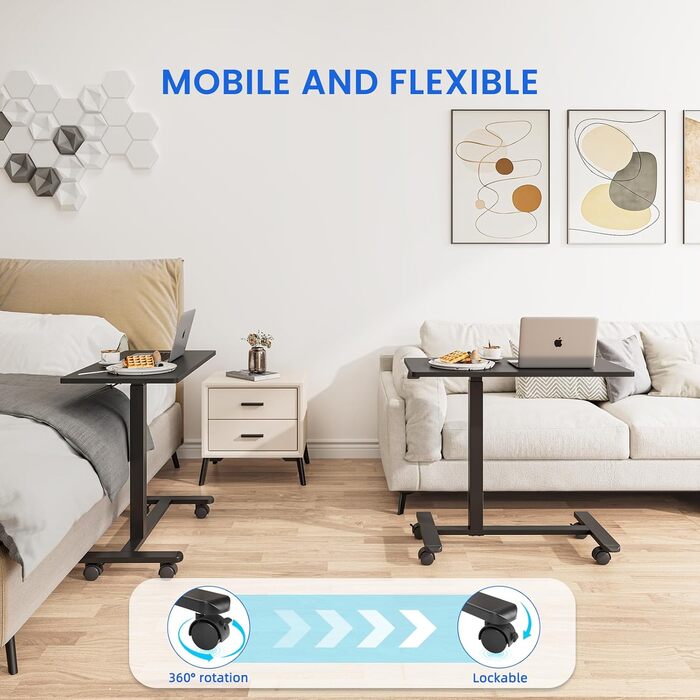 Приставний комп&39ютерний столик Dripex з колесами, регульована висота, дерев&39яний столик для ноутбука, столик для дивана, тумбочка для спальні, вітальні, тумбочка для ліжка, столик над ліжком на колесах, чорний стандарт