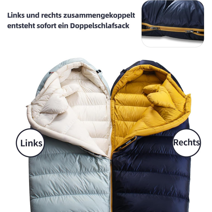 Пуховий спальний мішок, зимовий спальний мішок з антистатичною графеновою підкладкою, наповнювач 620, 1450 грамів, від -24C до 0C, підходить для кемпінгу, походів та трекінгу. Темно-синій -8C