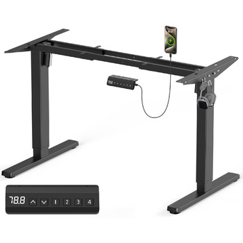 Електрична рама столу з регулюванням висоти з 2 потужними двигунами, регульована по висоті підставка з портом USB-C, функцією пам&39яті, 2 гачки, чорний колір