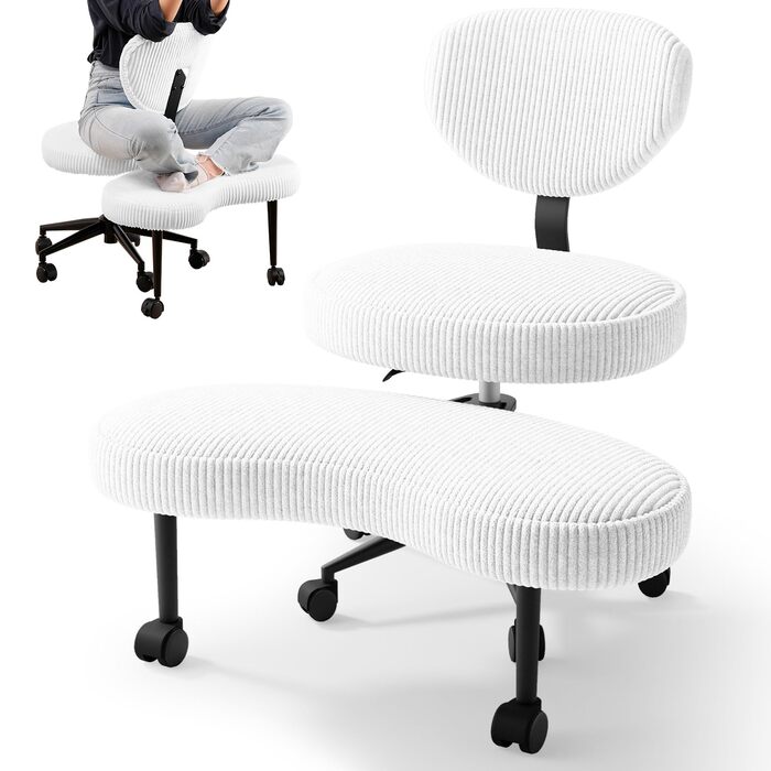 Офісний стілець зі схрещеними ніжками, поворотний на 360, ергономічний стілець для коліна, хрестоподібний офісний стілець з регульованою висотою, стілець для медитації з СДУГ та спинкою, вельветова тканина, білий ребристий вельвет