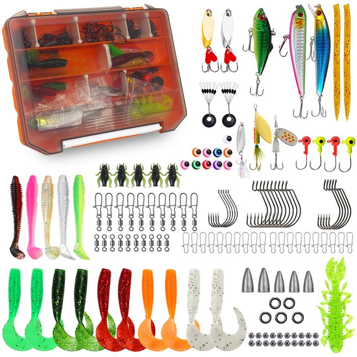 Набір рибальських приманок Yiomxhi з 137 предметів, включаючи коробку для снастей, рибальські аксесуари, включаючи м&39які пластикові приманки, воблери, плаваючі приманки, блешні, гачки, вантажі, рибальські приманки для щуки, форелі, судака, окуня чудовий