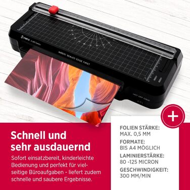 Ламінатор Olympia A 245 Combo 4-в-1 Гарячий та холодний ламінатор Комплект для ламінування документів A4 Вбудована лінійка для різання Комплект ламінуючих пакетів та закруглювач кутів Швидкий час нагрівання Розмір документа A4