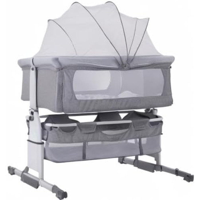 Дитяче ліжечко Supfine Cododo, ліжко 3-в-1 з матрацом та москітною сіткою, регульована висота, мобільна колиска для новонароджених/немовлят, Calidoo з кошиком для зберігання (92 x 58 x 70-87 см, сірий колір), YE360461 сірий 92x58x70-87 см