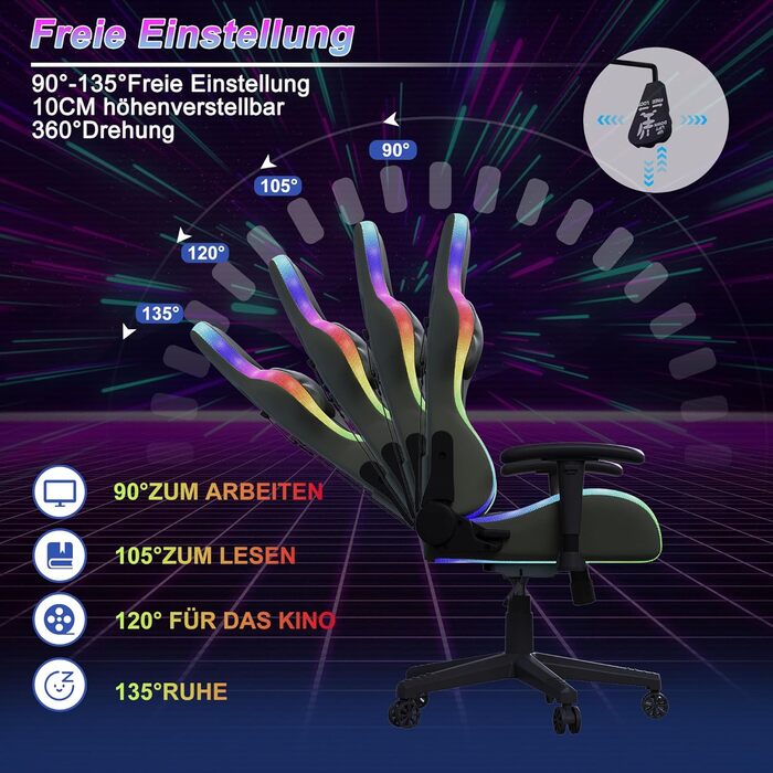 Ергономічне ігрове крісло для комп&39ютера з U-подібною подушкою для підтримки шиї, ігрове крісло зі світлодіодним підсвічуванням, функцією масажу попереку, регулювання висоти, сірий колір