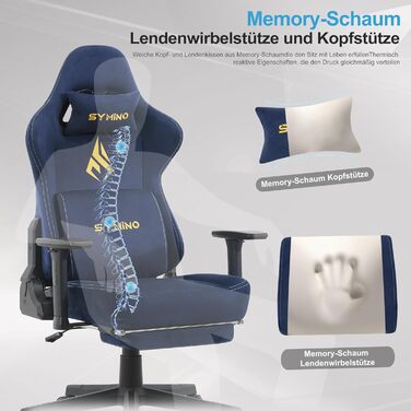 Ігрове крісло Symino з латексною подушкою сидіння, вантажопідйомність 300 кг, ергономічне комп&39ютерне крісло з поперековою опорою та підголівником з піни з ефектом пам&39яті, дихаюче офісне крісло зі штучної замші, темно-синє