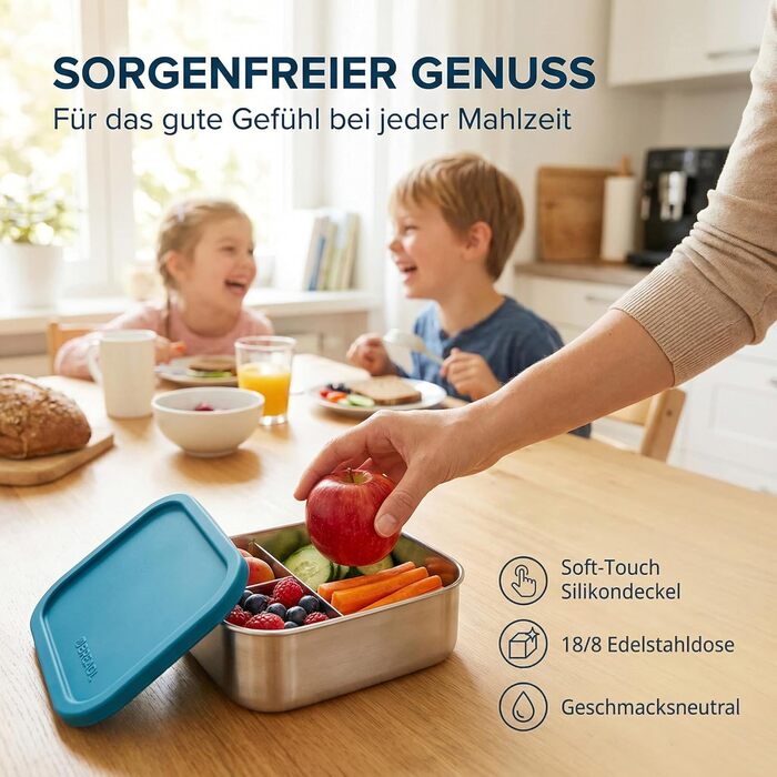 Металева ланч-бокс з роздільниками, 3 відділення, силіконова кришка, герметична, можна мити в посудомийній машині, 1000 мл, для дітей та дорослих, колір блакитний (Petrol)