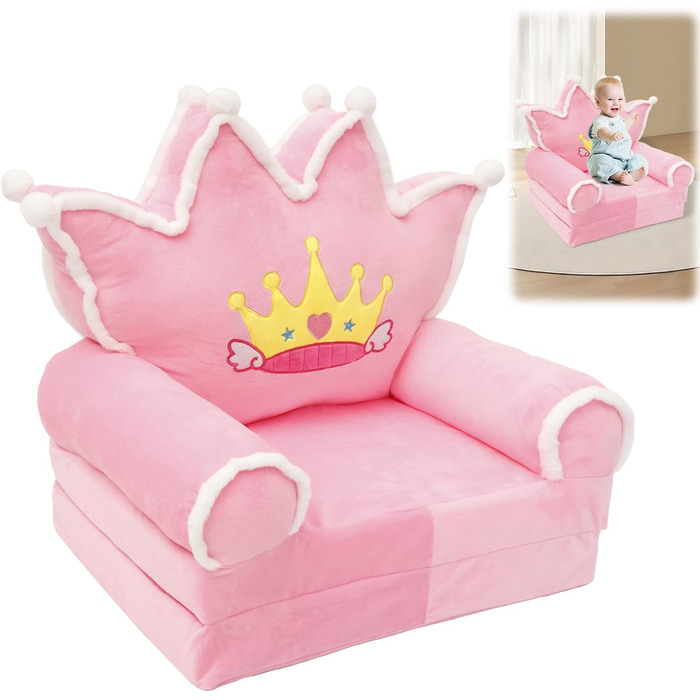 Дитяче крісло, зручний дитячий диван-ліжко, розкладний диванчик для малюків, легке дитяче крісло-шезлонг, портативний диванчик для дітей віком від 1 до 4 років (рожева хутряна корона з кульок)