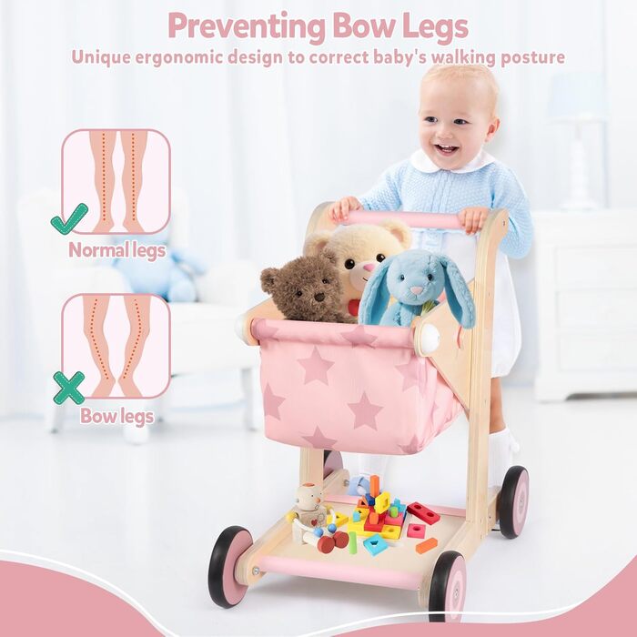 Дерев&39яні ходунки Asweets 2-в-1, коляска для ляльок, що штовхає та тягне, ходунки для малюків, іграшка для малюків від 12 місяців (рожеві)