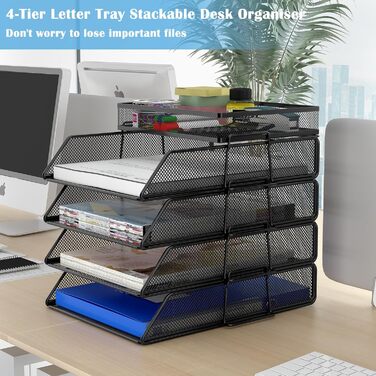 Настільний органайзер TQVAI з 4 відділеннями та верхнім лотком, металевий лоток для документів, лоток для паперу A4, органайзер для журналів для офісу, дому та школи, чорний