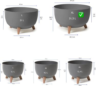 Квітковий горщик MELTOM на пластикових ніжках, кругла миска з вставкою, горщик для трав (антрацит, XL - 47 см) XL - 47 см антрацит