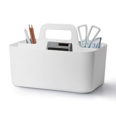 Кошик-органайзер з ручкою, 24x15x11 см, пластиковий кошик, кошик для прибирання, кошик для рукоділля, кошик для столу, місце для зберігання ручок, для ванної кімнати, для туалетного столика, для приладдя для рукоділля, для швейного приладдя (білий) Білий-