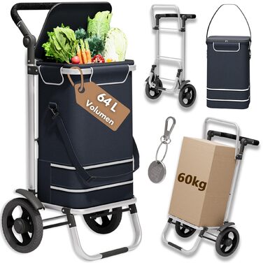Великий візок для покупок 64л, складаний візок-сумка на колесах, вантажопідйомність до 60кг, візок з термовідсіком, візок з відбивачем, ручний візок з чіпом для покупок, Чорний