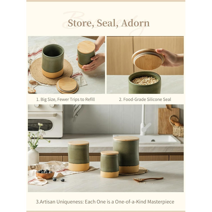 Герметичні контейнери для зберігання Besmeety з кришками, керамічні банки для зберігання, контейнери для зберігання продуктів, кухонне сховище, коробки для зберігання, зелено-жовті (1200 мл x 700 мл)