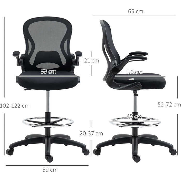 Офісний стілець Vinsetto, ергономічний стілець для малювання з регульованою опорою для ніг, обертовий стілець, робочий стілець з регульованою висотою 102-122 см, колесами та поперековою опорою, чорний