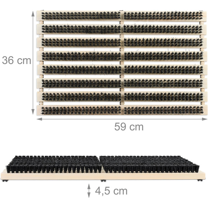 Скребок для взуття Relaxdays, нековзна основа, міцна щетина PP, для використання на вулиці та всередині приміщень, килимок-щітка, дерево, натуральний