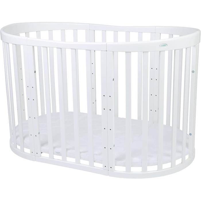 Дитяче ліжко Waldin Oval, комплект трансформованого 7-в-1, ліжечко, дитяче ліжко з матрацом, пеленальний столик, приліжкове ліжечко, дерево білого кольору, комплект тканини не входить до комплекту