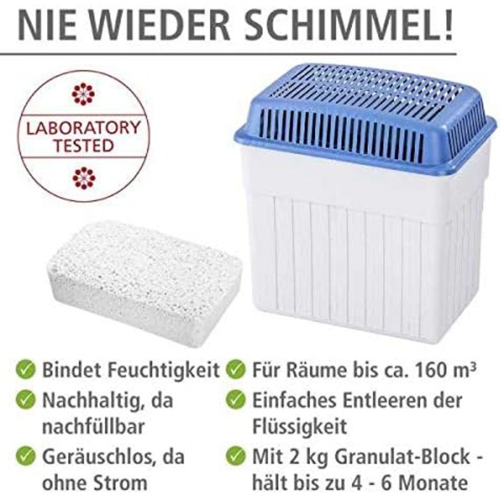 Осушувач повітря WENKO 24 x 16 x 15 см з гранульованим блоком 2 кг, вміщує до 1,4 літра вологи багаторазовий, зменшує цвіль і запахи, білий