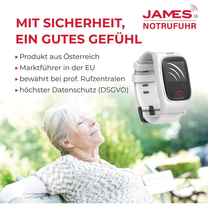 Годинник James B8 для екстрених випадків та безпеки для людей похилого віку GPS, виявлення падіння, кнопка SOS, монітор серцевого ритму, функції для здоров&39я, сімейний додаток, гучний будильник чорний/білий вкл. SIM-картку та 2 місяці безкоштовного тари