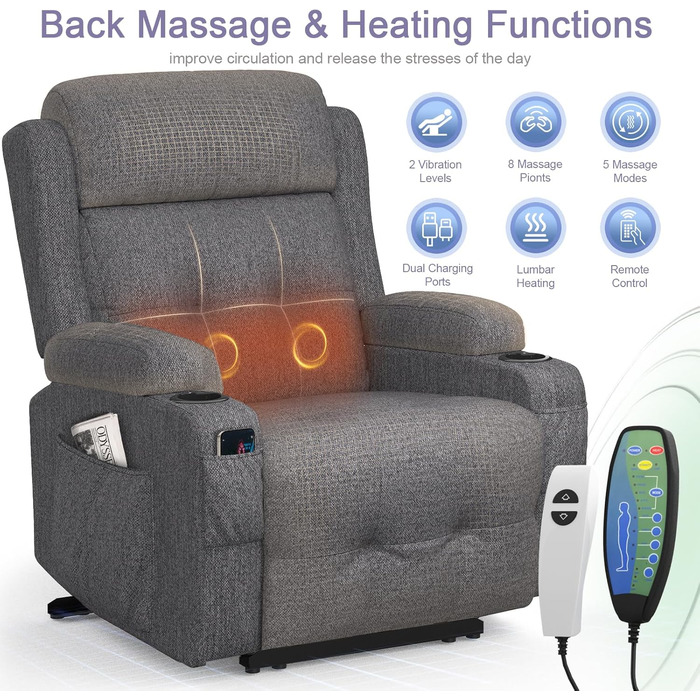 Крісло для телевізора з розкладним підйомником, масажне крісло з електрорегулюванням та функцією підігріву, функція відкидання, 2 підстаканники, 4 бічні кишені, порти типу C та USB, крісло для телевізора з підставкою для ніг, вітальня, темно-сірий