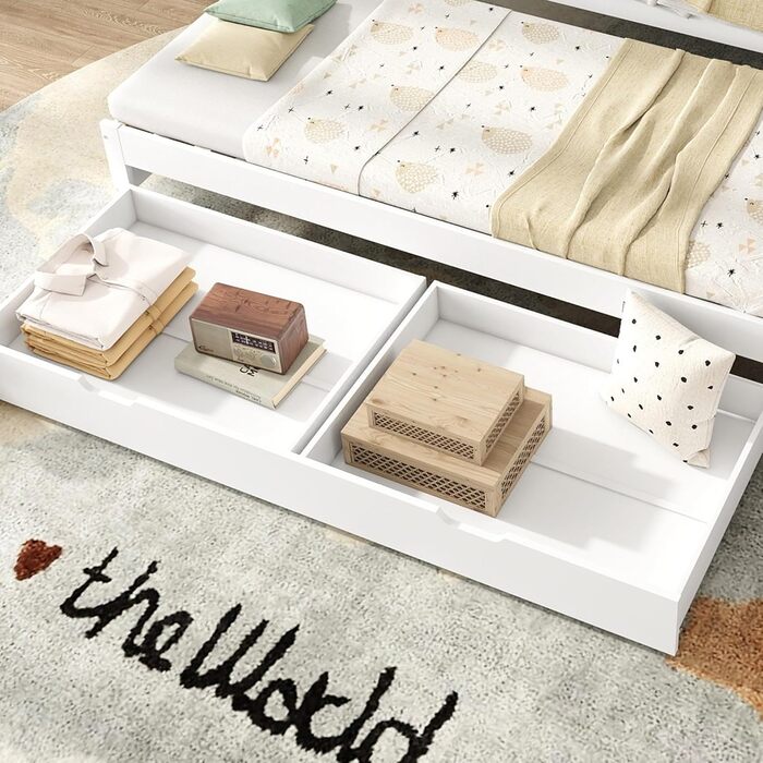 Диван-ліжко Merax 90x200 см, кушетка з 2 шухлядами, дитяче ліжко, функціональне ліжко з рейковою основою, висувне односпальне та двоспальне ліжко, каркас з масиву дерева, для дівчаток та хлопчиків, біле висувне ліжко 90 x 200 см