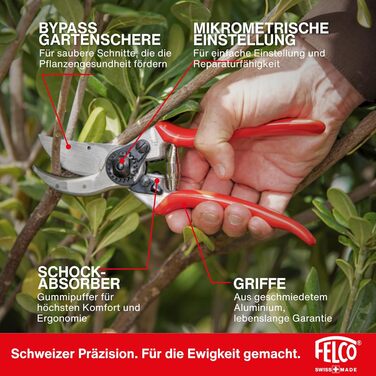 Професійні садові ножиці FELCO 2 з двостороннім механізмом для правшів, лезо із загартованої сталі 41 мм, ковані алюмінієві ручки, міцний інструмент для середніх та великих рук, ріжуча здатність 25 мм, зроблені у Швейцарії, FELCO 2 Large Hands (L)