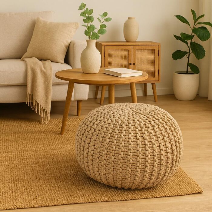 Пуф Abato Ø 55 см В&39язаний табурет/табуретка/підлогова подушка, екологічно чистий, веганський, справедлива торгівля, вантажопідйомність 150 кг, сучасний, для вітальні, спальні та дитячої кімнати, чорний, сірий, білий, бежевий