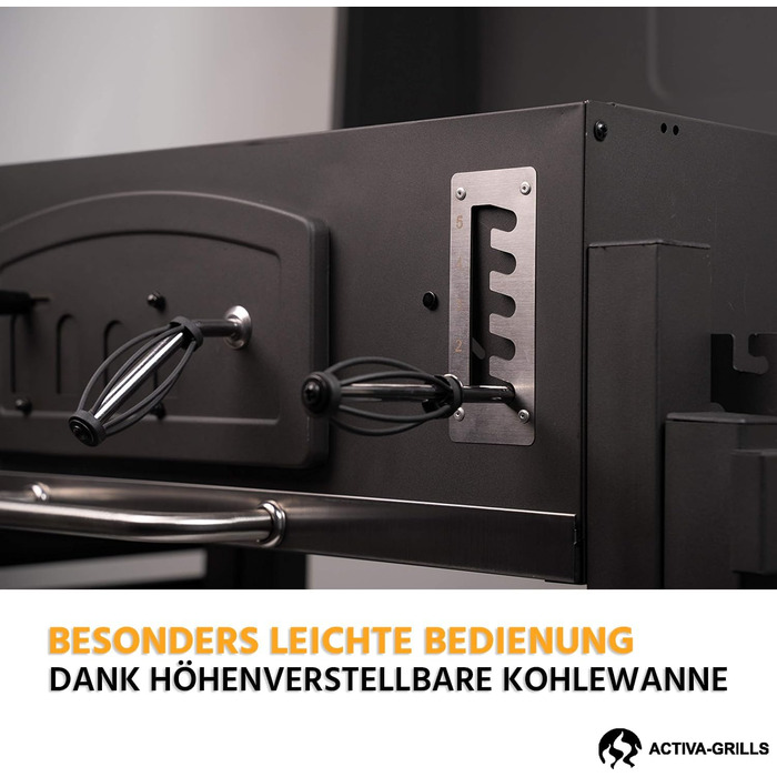 Мангал для вугілля ACTIVA Angulatus I Мангал для вугілля з кришкою, регульованим піддоном для вугілля та термометром I Візок для б