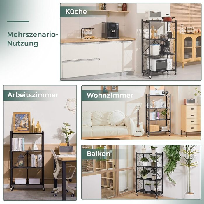 Складана полиця DEANIC, книжкова шафа на 4 полиці, кухонні полиці на колесах, металева полиця для вітальні, комора (61 x 116 x 28 см, чорна) чорна, 4 яруси