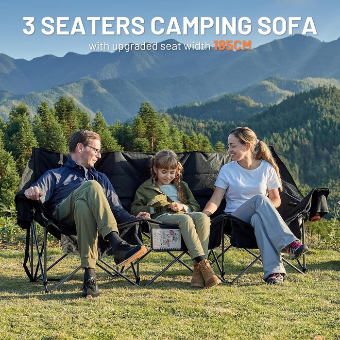 Складаний кемпінговий стілець TIMBER RIDGE для 2 осіб, велика ширина 160 см, диван XXL для кемпінгу, вантажопідйомність 320 кг, складний стілець для 2-місного кемпінгу з великими боковими кишенями, висока спинка для саду на свіжому повітрі, балкон, викори