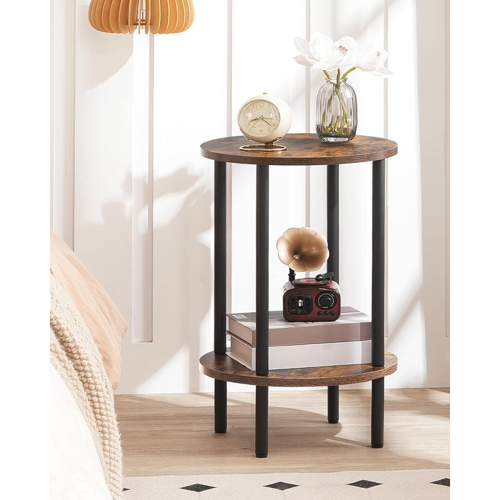 Круглий приставний столик, журнальний столик з 2 полицями, невелика тумбочка біля ліжка, журнальний столик в індустріальному стилі, для вітальні, спальні, вінтажний коричневий та чорний DTBZ01BF Вінтажний коричневий чорний 1