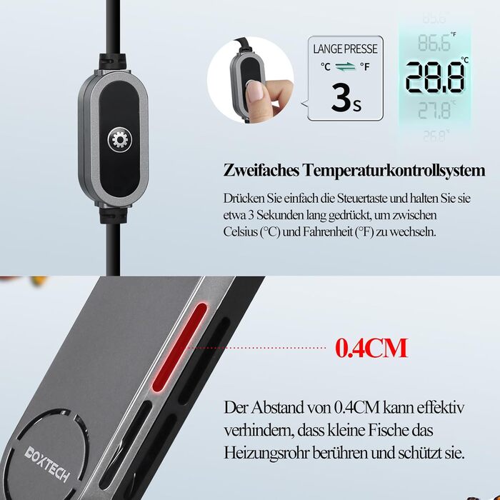 Обігрівач для акваріума boxtech, невеликий занурювальний обігрівач з регульованими характеристиками, захистом від перегріву та цифровим дисплеєм для акваріумів (50 Вт)