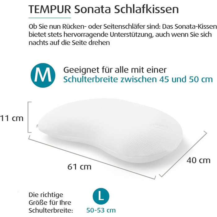 Подушка TEMPUR Sonata з піни з ефектом пам&39яті, ергономічна подушка для підтримки шиї для сну на спині та на боці, жорстка, M (61 x 40 x 11 см), біла