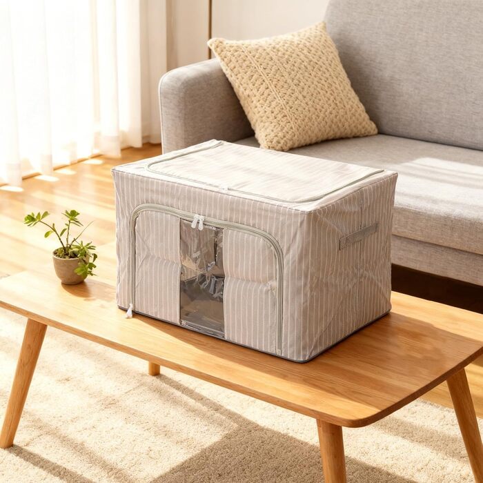 Складаний ящик для зберігання з вологостійкої тканини Оксфорд та сталевого каркасу, подвійною блискавкою зверху та прозорою передньою частиною для зручного зберігання та легкого доступу (66 л синього кольору, 66 л синього кольору в смужку)