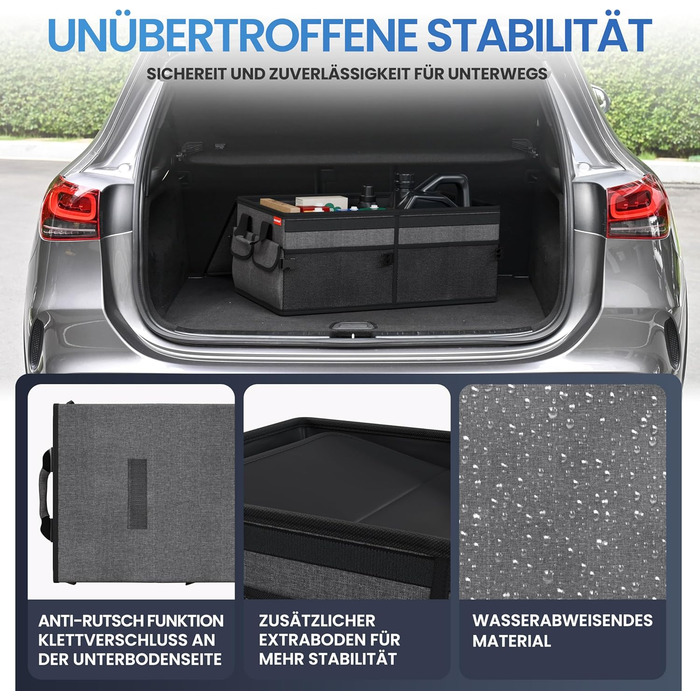 Органайзер для багажника преміум-класу HELDENWERK з кришкою міцний та нековзкий. Складаний органайзер для автомобіля великого розміру з подвійним дном. Чорно-сіра коробка для багажника з чорною облямівкою.